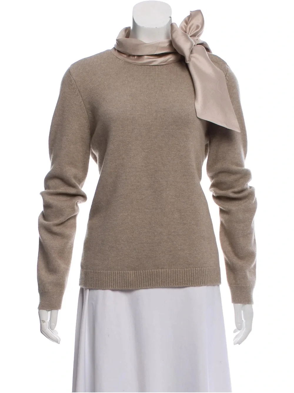 Tory Burch Taupe Scarf-Neck Wool Blend Sweater